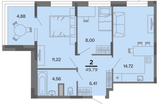 2-к квартира, 6/22 эт., 50м²