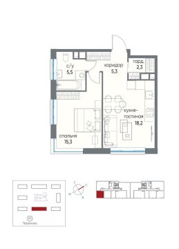 1-к квартира, 15/19 эт., 46м²