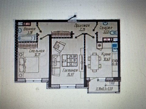 2-к квартира, 7/9 эт., 57м²