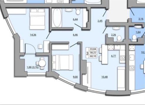 3-к квартира, 10/25 эт., 60м²