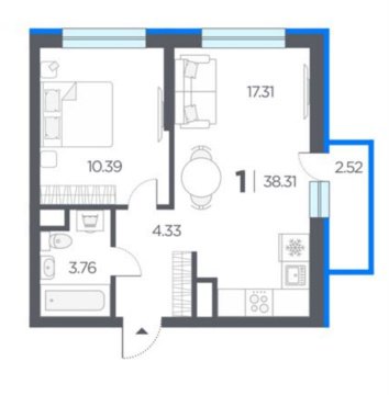 1-к квартира, 15/18 эт., 38м²