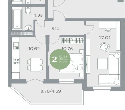 2-к квартира, 12/17 эт., 52м²